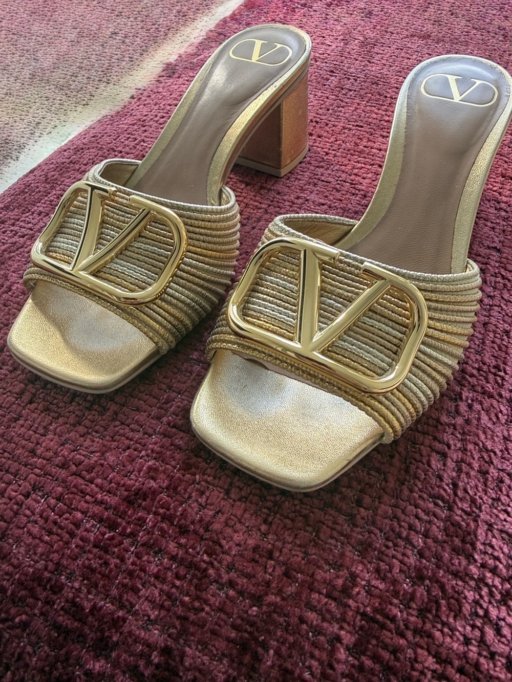 Valentino Gold Logo Block Heel Slide Mules